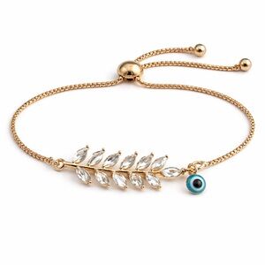 Crystal Leaf Evil Eye Bracelet or Anklet | Gold Adjustable Slider Chain